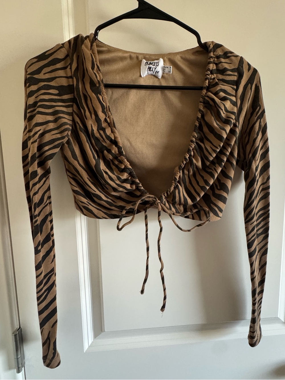 Princess Polly Brown Zebra Ruched Tie-Front Long Sleeve Crop Top